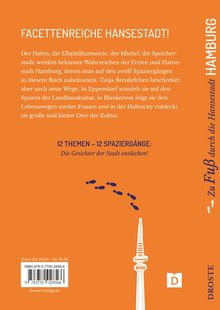 Orangefarbener Hintergrund mit Text über Hamburgs Sehenswürdigkeiten. Fußabdrücke und ein Turm sind abgebildet.