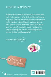 "Juwel im Mittelmeer! Ein Buch für echte Glückskinder!" Braunes Etikett mit Text: "Fahr hin & werd glücklich". Teller mit Ravioli.