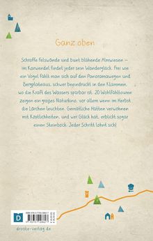 Ganz oben. Schroffe Felswände und blühende Almen. Illustration mit farbigen Symbolen: Bäume, Burg, Hütte, Hut.