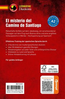 Roter Hintergrund, Buchrückseite. Titel: "El misterio del Camino de Santiago". Infos zu Lernkrimi und Sprachtraining. Phase6-Logo.