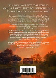 Auf einem Hintergrund mit Sonnenuntergang und Hütte werden Zitate und Beschreibungen eines Buches von William Paul Young angezeigt.