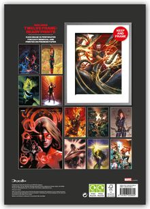 Oben: "Includes twelve frame-ready prints. Each image is perforated for easy removal and printed on premium paper." 

Darunter: Illustrationen von Superhelden in dynamischen Posen.