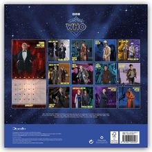 BBC Doctor Who Logo. Mehrere Doktoren-Bilder auf Sternen-Hintergrund, Monatsübersicht Januar darunter.