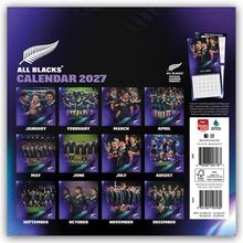 "ALL BLACKS® CALENDAR 2027" ist prominent. Bilder zeigen Rugby-Spieler in Aktion. Ein Farn-Logo ist zu sehen.