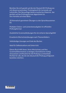 Das Bild enthält Werbetext für ein Deutsch-B1-Trainingsbuch mit Übungen, Lösungen und Lernvorteilen. Hintergrund in Blau.