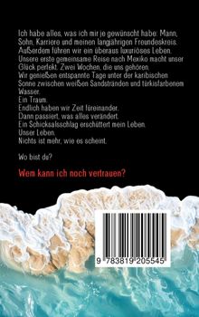 Text: Erzählung über erfülltes Leben, Reisen, Schicksalsschlag, Vertrauen. Unten Sandstrand und türkisfarbenes Wasser.