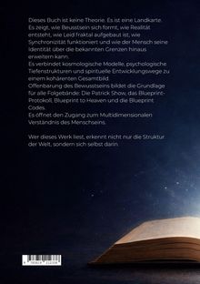 Ein offenes Buch vor einem nachtblauen Hintergrund mit funkelnden Sternen und einem langen Text über Bewusstsein und Realität.