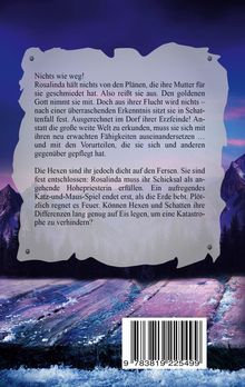 Ein Berglandschaftsbild mit Text über Rosalindas Flucht und Schicksal als Hohepriesterin, ISBN-Code unten.