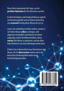 Text über Hydration, Reinigung und Bedeutung von Wasser. Hintergrund: Dunkelblau mit leuchtenden vernetzten Punkten. Barcode unten.