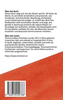 Überschrift: Über das Buch. Beschreibung der Körpersprache und Kommunikation. Autor: Thomas Kalkus-Promitzer, geboren 1971 in Wien. Webseite: www.meintom.at. Unten ist ein roter Bereich mit Barcode.
