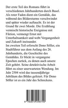 Text über einen Roman, der in Basel spielt, historisch und fiktional. Beschreibung eines Gemäldes und seine Bedeutung. Unten Barcode.