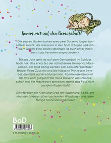 „Komm mit auf den Gemüseball!“ Eine Pastinake schläft. Bunte Konfetti auf grünem Hintergrund. Preis: € 19,90 [D].