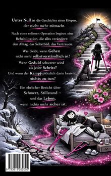 Text über körperliche Herausforderungen und Heilung, begleitet von einer Illustration mit Treppen, Krücken und einer Person mit Hund.