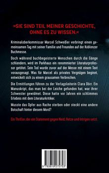 "Sie sind Teil meiner Geschichte, ohne es zu wissen." Text beschreibt einen Krimi um Marcel Schweißer auf einer Buchmesse.