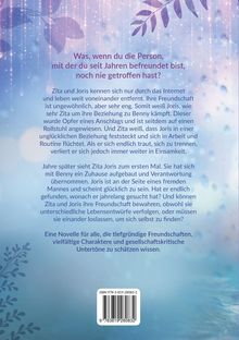 Ein Novellentext über Freundschaft, Lebensentwürfe und Einsamkeit. Hintergrund: Blätter und Lichtreflexe in Blau- und Lilatönen.