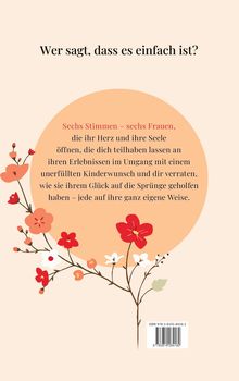 "Wer sagt, dass es einfach ist?" Text auf heller Fläche, Blumenillustration in Rot- und Orangetönen rechts unten.