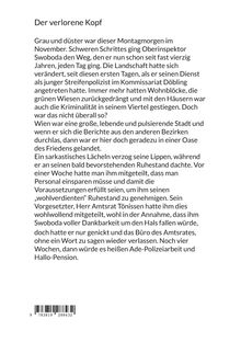 "Der verlorene Kopf" beschreibt einen grauen Morgen im November. Oberinspektor Swoboda reflektiert seinen baldigen Ruhestand.