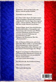 Texte über Frankreichs Alltag mit Humor und Illustrationen. Links Blau, Mitte Weiß, rechts Rot, wie die französische Flagge.