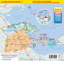 Extra Faltkarte, Reiseziele, APP downloaden, Marco Polo Highlights. Eine bunte Karte der Region Usedom und Umgebung mit Orten.