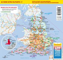 "Deine extra Faltkarte", "Marco Polo Top-Highlights", eine Karte von Großbritannien mit Routen und Sehenswürdigkeiten.