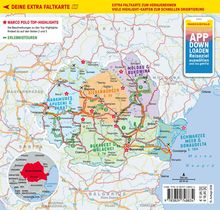 Reiseführerkarte von Rumänien mit markierten Regionen: Siebenbürgen, Moldau, Bukowina, Bukarest, Walachei. Enthält Top-Highlights.