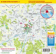 "DEINE EXTRA FALTKARTE", Stadtplan von Mailand mit Sehenswürdigkeiten, Top-Highlights als rote Sterne markiert.
