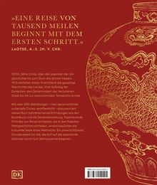 Zitat von Laotse: „Eine Reise von tausend Meilen beginnt mit dem ersten Schritt.“ Beschreibung eines Buches über Chinas Geschichte. Rechts ein goldenes Drachenmuster auf rotem Hintergrund. Links ein DK-Logo. ISBN unten.