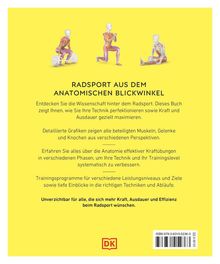 Text über Radsporttechniken und Anatomie, illustriert mit muskulösen Figuren in verschiedenen Posen. Logo von DK unten.