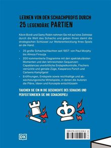 "LERNE VON DEN SCHACHPROFIS DURCH 25 LEGENDÄRE PARTIEN" steht oben. Darunter Details zum Inhalt. Unten Schachfiguren-Illustration.