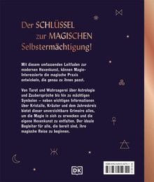 Covertext: "Der SCHLÜSSEL zur MAGISCHEN Selbstermächtigung!" Beschreibung moderner Hexenkunst, Tarot, Astrologie. Symbole und Elemente zieren den Hintergrund, ein Logo unten.