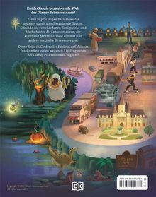 Texte beschreiben die Entdeckung der Disney Prinzessinnenwelt. Illustrationen von Figuren und märchenhaften Szenerien.