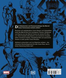 Ein blau-schwarzes Cover mit Comic-Illustrationen und Text über die Geheimnisse und Zusammenhänge des Marvel Comic Universums.
