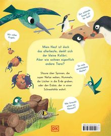 Ein Kolibri überlegt, wie andere Tiere leben. Skizzen von Tieren und Sprechblasen mit Texten ergänzen die Szene.