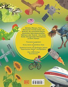 Text:
"Ob Erde, Pflanzen, Tiere, Dinosaurier ... Über 2000 farbige Illustrationen."

Illustration:
Bunte Darstellung von Tieren, Pflanzen, Technik und einem Kind auf einem Fahrrad.