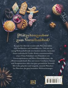 Text: „Plätzchenzauber zum Verschenken“. Verschiedene dekorative Kekse auf dunkler Oberfläche, Eiskelle, Nuss und Zuckerstange.