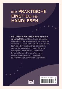 Rückseite eines Buches über Handlesen. Sterne und Logo von DK. Text erklärt Handanalyse als verständlichen Wegweiser.