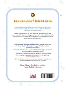 "Lernen darf leicht sein" in orange. Details zu spielerischen Aktivitäten, Hilfe bei Lernstörungen und neurobiologischem Ansatz.
