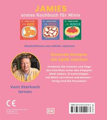 "Jamies erstes Kochbuch für Minis", Rezepte für Kekse, Pizza und Nudeln. Illustration von Adrian Johnson. Foto eines Mannes.