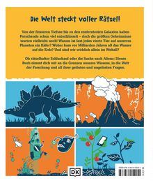 „Die Welt steckt voller Rätsel!“, gefolgt von Text über ungelöste Fragen der Wissenschaft. Illustrationen von Dinosauriern, Vulkanen, Tiefseefischen und Pflanzen.