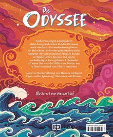 „Die Odyssee“: Episches Abenteuer des Odysseus voller Spannung, Riesen und Sirenen; illustriert von Hazem Asif. Wellen im Hintergrund.