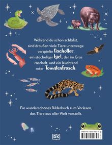 Text beschreibt Tiere wie Fischotter, Igel, Tomatenfrosch. Illustration mit bunten Tieren auf blauem Hintergrund. DK-Logo unten.