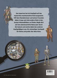 Text beschreibt eine abenteuerliche Suche mit dem Mandalorianer und Grogu. Enthält Illustrationen von Charakteren.