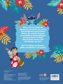 Stürz dich mit Stitch ins Getümmel... Ein 3-in-1-Spaß zum Suchen, Malen und Stickern. Los geht's! Illustration mit Stitch und Lilo, umgeben von bunten Blättern und Blumen.