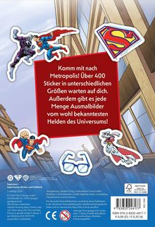 Text: "Komm mit nach Metropolis! Über 400 Sticker in unterschiedlichen Größen warten auf dich...".   

Illustration: Superhelden in Flugpose vor einem Glasgebäude.
