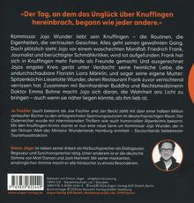 »Der Tag, an dem das Unglück über Knuffingen hereinbrach, begann wie jeder andere.«

Beschreibung:
Ein Text über Kommissar Jojo Wunder und seine Ermittlungen in Knuffingen. Verdächtige Personen sind genannt, inklusive einer geheimen Liebe und einer mütterlichen Figur. Ein Abschnitt beschreibt den Autor Jo Fischler und dessen Erfolge als Spannungsschriftsteller, sowie Simon Jäger als Hörbuchsprecher. Rechts ist ein Foto einer Person im Kreis abgebildet.