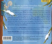 "Ein sehr ungleiches Hörnchen-Paar erlebt ein Winterabenteuer. Eichhörnchen Finn will nur eines: Schlafen... zurückholen."

Illustration: Ein Eichhörnchen klammert sich an den Baum, umgeben von Schnee und Ästen.