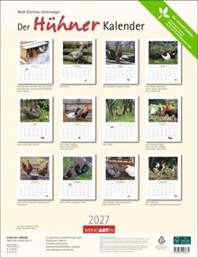 Texte: "Der Hühner Kalender", "2027". Fotos von Hühnern und Hähnen sowie Monatsnamen, wie Januar, Februar.