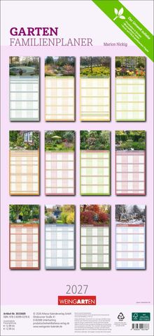 GARTEN FAMILIENPLANER 2027. Monatsblättern mit Gartenfotos. Nachhaltigkeits- und Preisinfo unten. Markenname Weingarten.