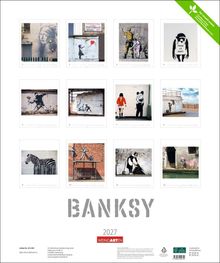 Text oben: "Banksy". Unten: "2027". Zwölf quadratische Bilder im Raster, jedes mit urbaner Kunst von Banksy.