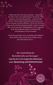 Text über Werwesen und Emblas Abenteuer. Buchvorstellung mit Spannung und Geheimnissen. Dekorative florale Muster.